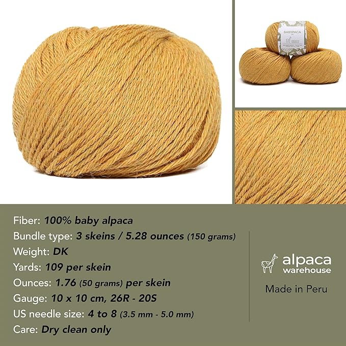 100% Baby Alpaca Yarn Wool Set of 3 Skeins (150 Grams) DK Weight - Made in Peru - Heavenly Soft and Perfect for Knitting and Crocheting (Golden Yellow, DK)