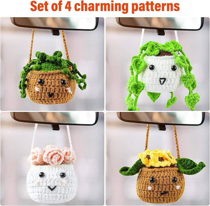 Inawenxlg Crochet Kit for Beginners with Video Tutorials – Amigurumi Starter Set to Make 4 Hanging Potted Plants DIY Crochet Craft Kit for Adults & Teens