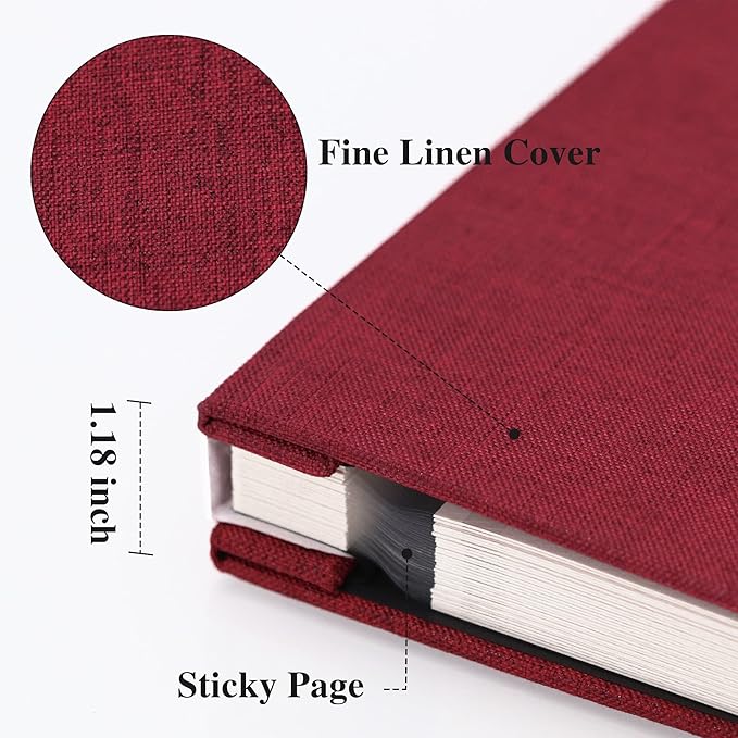 Vienrose Large Photo Album Self Adhesive for 4x6 8x10 10x12 Pictures Linen Scrapbook Album DIY 60 Blank Pages with A Metallic Pen Red