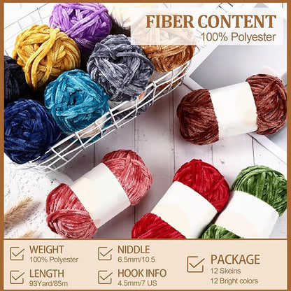 Xinnun 12 Skeins 1116 Yards Chenille Velvet Soft Thick Plush Yarn Bulk for Crocheting Knitting Blanket DIY Weaving Craft, 6mm, 3.5 Oz/Skein(Elegant Color)
