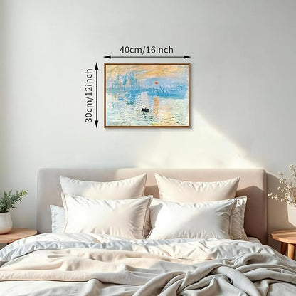 WENGTIAO Impression Sunrise Claude Monet Framed Canvas Wall Art Prints Natural Sunrise Scenery Oil Paintings Reproduction Blue Seascape Canvas Picture Artwork Decor for Living Room Bedroom 12x16 inch