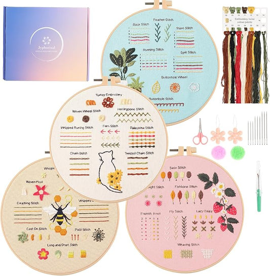 Jyphorixal Embroidery Kit for Beginners Adults Cross Stitch Starter Kit Needle Point Supplies 30 Basic Stitches in 4 Set, DIY Craft Lover Starter Hand Stitch