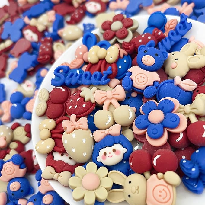 50 Pcs Flatback Cute Resin Slime Charms Bulk for Crafts, Flat Back Mixed Charms for Slime, Slime Charm Bulk for DIY Art Craft Making Kit (Burgundy Blue Khaki)