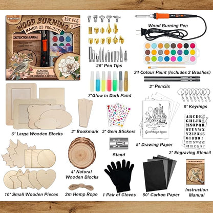 K KERNOWO Wood Burning Kit - 156Pcs All-in-One Wood Burning Tool Pen Adjustable Temperature Wood Burner Kit Crafts Gifts for Adults & Teens, Woodburning Kits for Beginner Pyrography