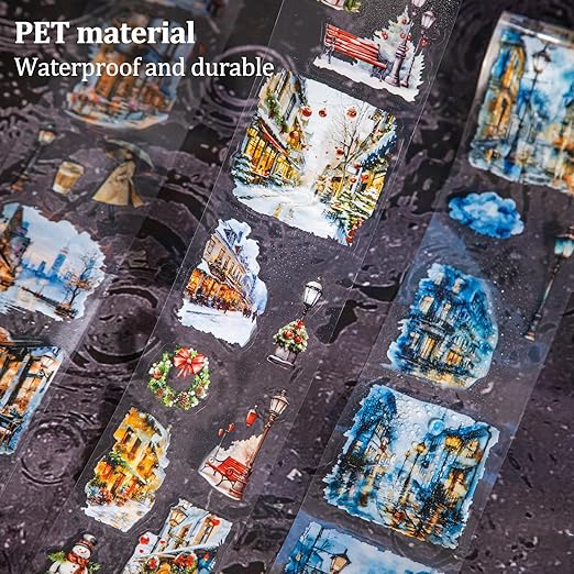 AuriicLeaf Night Scene PET Tape Set – 6 Rolls of Pre-Cut Landscape Stickers with Clip, Waterproof Scrapbook Kit for Journaling, DIY Crafts, and Decorative Embellishment