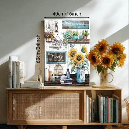 WENGTIAO Kitchen Canvas Wall Art Rustic Sunflower Pictures Vintage Bless The Food Before Us Sign Prints Paintings Christian Religious Bible Quotes Artwork for Farmhouse Dining Room Living Room 16x24in