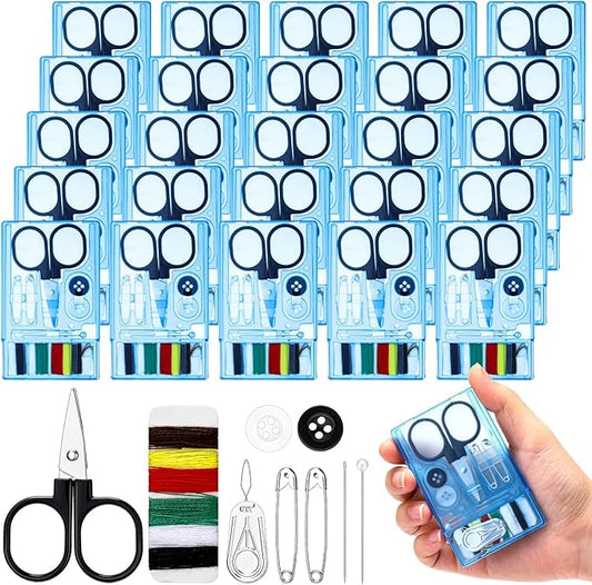 Knitgrip 25 Boxes Mini Travel Sewing Kit Quick Fix Sewing Kits Bulk Basic Portable Pre Threaded Needle Emergency Repair Tool for Christmas Gifts Beginner Traveler Home Hotel (Blue)
