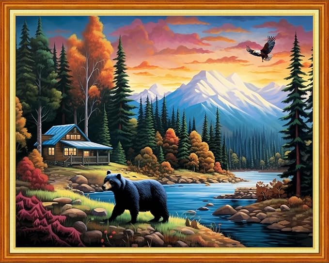 Dimxvean Stamped Cross Stitch Kits,Cross Stitch Kits for Adults Beginners,Embroidery Kits Full Range of Cross Stitch Stamped Kits Needlepoint Kits Cross Stitch Patterns-Black Bear Forest 16x20 inch