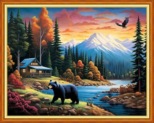 Dimxvean Stamped Cross Stitch Kits,Cross Stitch Kits for Adults Beginners,Embroidery Kits Full Range of Cross Stitch Stamped Kits Needlepoint Kits Cross Stitch Patterns-Black Bear Forest 16x20 inch