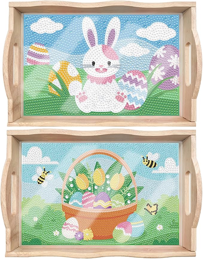 DIY Art Painting Wooden Tray Kit, Food Tray with Handle Diamond Painted Table Decoration Tray, for Breakfast, Bar Dinner Table Diamond Dots Gem Painting Art Set for Beginners (#39-Easter 2PC)