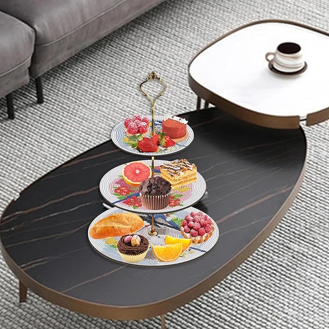 Three-Tier Diamond Painting Wooden Cake Stand DIY Sunflower Diamond Painting Cupcake Towel-Lined Tiered Tray Reusable Pastry Stand (Little Bird)