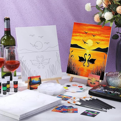 Cholemy 36 Pcs Valentine Paint and Sip Kit for Adults 8''x10'' Pre Drawn Canvas for Painting DIY Afro Acrylic Painting Kit Wood Easel Brushes Date Night Bulk for Party Gifts