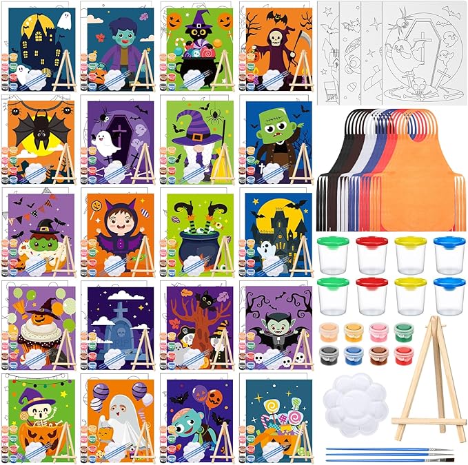 Sherr 140 Pcs 20 Set Pre Drawn Canvas Kit for Painting Craft Sip and Paint Kit for Adults Pre Printed Canvas Painting Favor for Virtual DIY Birthday Gifts Adult's Date Party(Halloween)