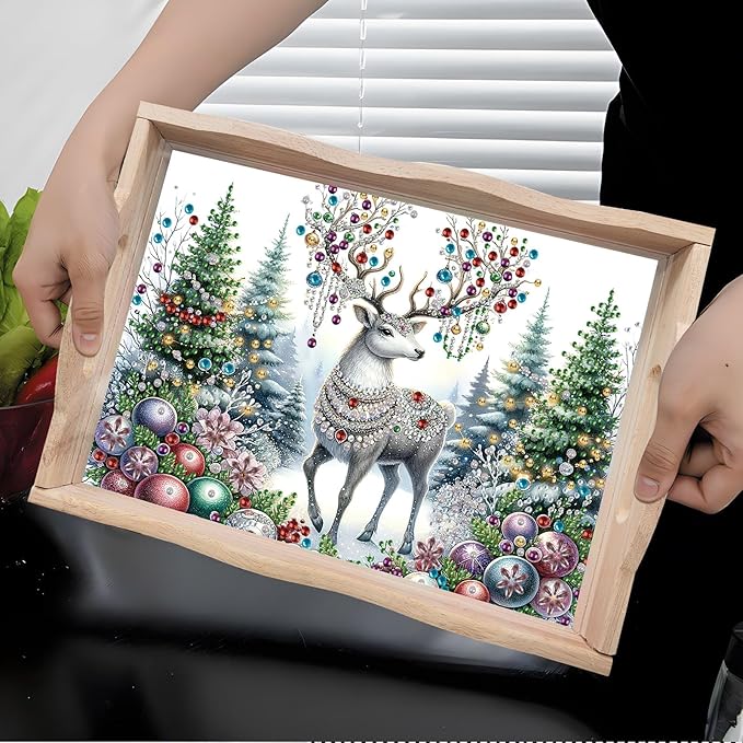 DIY Diamond Art Painting Wooden Tray Kit With Handle, Food Tray for Breakfast, Bar Dinner Table Decoration, Diamond Dots Gem Painting Art Set for Beginners - Christmas Elk2