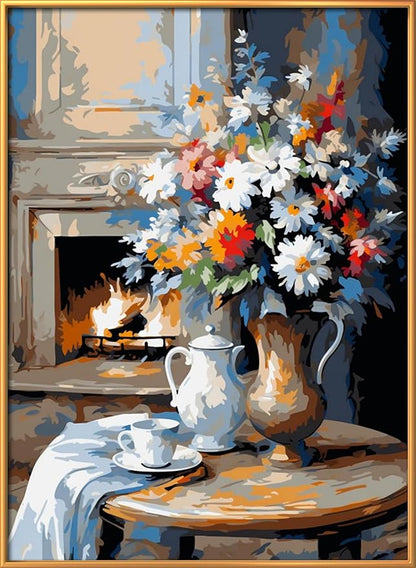 Leczany Cross Stitch Stamped Kit for Beginner - Fireplace and Flowers | DIY Embroidery Starter Patterns Craft Kit Needlepoint for Adults | 11CT, 3 Strands | 13x17.7 inches