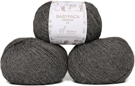 Origins - 100% Baby Alpaca Yarn Wool Set of 3 Skeins (150 Grams) DK Weight Made in Peru Natural Colors (Undyed) Heavenly Soft Perfect for Knitting and Crocheting (Mountain Fog, Origins 3 Skeins DK)