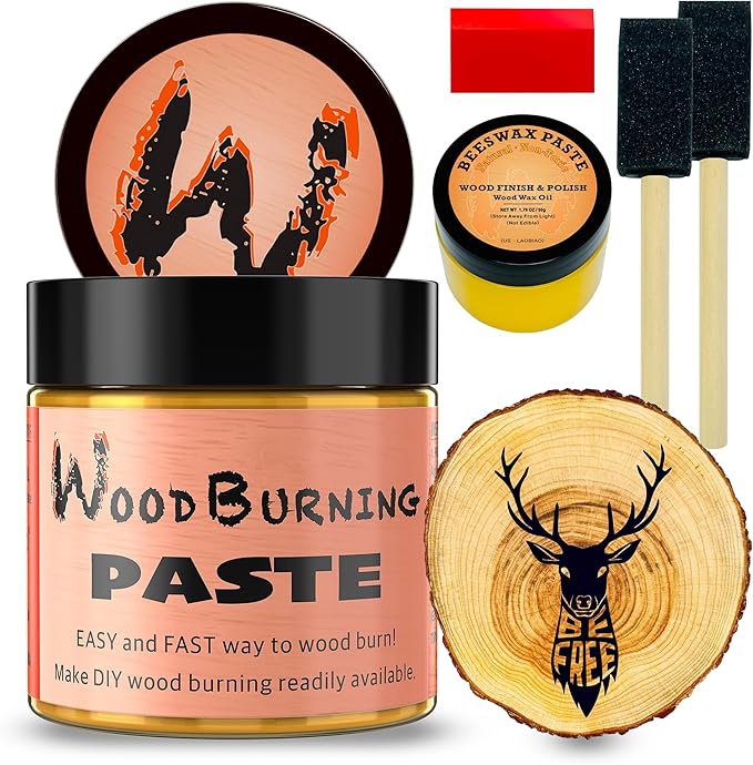 LAOBIAO Wood Burning Paste Beeswax Kit, 1 Jar Wood Burning Gel with 1 Jar Beeswax Paste, 2 Foam Paint Brushes and Squeegees for DIY Arts and Crafting & Stencil Wood Burning