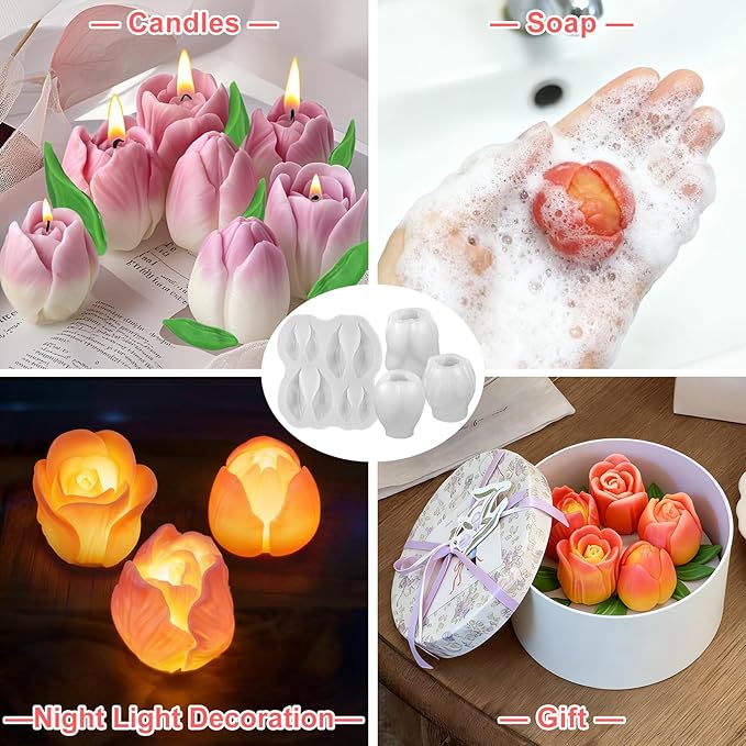 4 PCS Tulip Candle Molds with Leaf Mold, 3D Flower Silicone Molds for Candles Wax Soap Clay Plaster Epoxy Resin Home Decorations