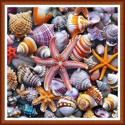 Joyhoor Stamped Cross Stitch Kits for Beginners Needlepoint Kits for Adults Embroidery Kits 11CT Counted Cross Stitch Kits Printed Embroidery Pattern-Beach Starfish Conch 18x18 inchs