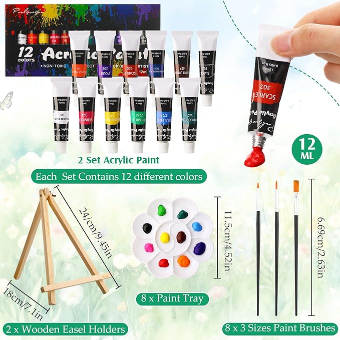 Cholemy 36 Pcs Valentine Paint and Sip Kit for Adults 8''x10'' Pre Drawn Canvas for Painting DIY Afro Acrylic Painting Kit Wood Easel Brushes Date Night Bulk for Party Gifts(Flower Animals)