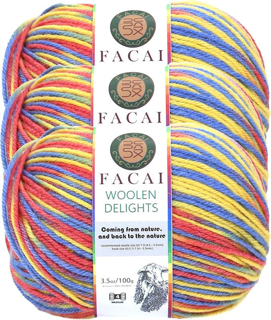 Facai Blend Merino Wool Yarn for Knitting - Worsted Weight,197yds (3.5oz) Ball, Ideal for Sweaters, Scarves, and Accessories (3, Red Yellow Blue)