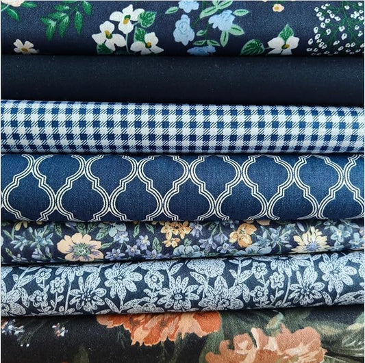 7Pcs 9.8"*9.8"(25cm*25cm) Cotton Fabric DIY Making Supplies Quilting Patchwork Fabric Fat Quarter Bundles DIY for Quilting Cotton Patchwork Cushions(Navy, 25 * 25cm)