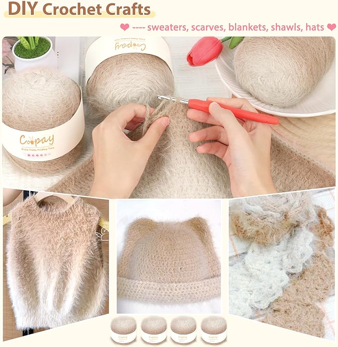 Coopay Ombre Yarn for Crocheting and Knitting - 4 Pack Dual Gradient Yarn Cake with Plush of 100g/3.52oz - 190m/207yds - 38% Wool, 40% Nylon, 22% Acrylic for Sweaters, Hats, Scarves (Mocha)