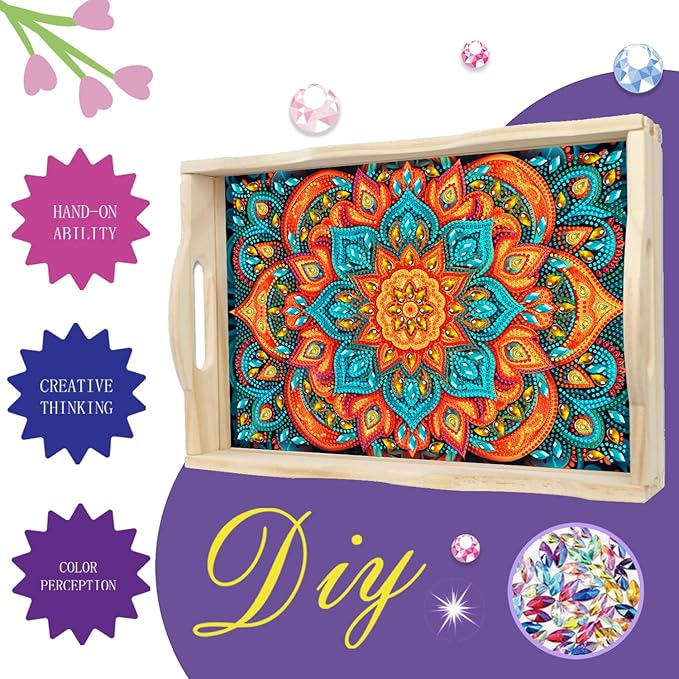 EWJRNSF Diamond Art Kits for Adults Wooden Serving Trays with Handles, 5D Diamond Painting Big Gem Arts and Craft Gifts Trays Decor Gift Home Decor 9.8x13.8 Inches Mandala E