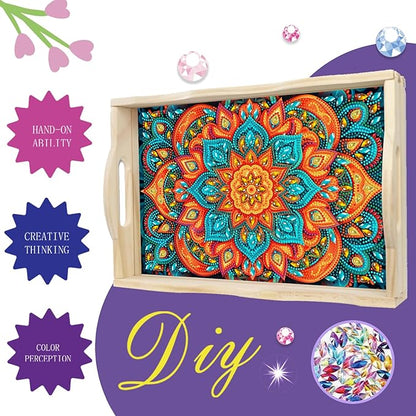 EWJRNSF Diamond Art Kits for Adults Wooden Serving Trays with Handles, 5D Diamond Painting Big Gem Arts and Craft Gifts Trays Decor Gift Home Decor 9.8x13.8 Inches Mandala E
