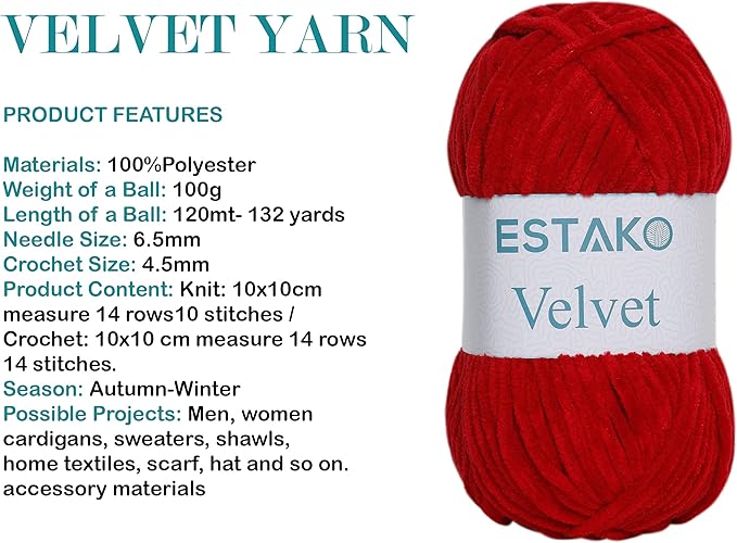 Estako Velvet (3- Skeins Pack) Chenille Blanket amigurumi Yarn for Crocheting and Knitting Super Bulky 3x100 gr (3x132 yds) (1510 - Red)