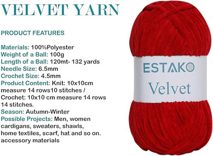 Estako Velvet (3- Skeins Pack) Chenille Blanket amigurumi Yarn for Crocheting and Knitting Super Bulky 3x100 gr (3x132 yds) (1510 - Red)