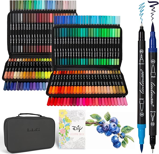 LIULIUCAI 200 Colors Dual Tip Markers Brush Pens, Fine & Brush Tip Art Markers for Adult Coloring Book Drawing Calligraphy, Colored Pens Christmas Gifts Stocking Stuffers for Teen Art Supplies