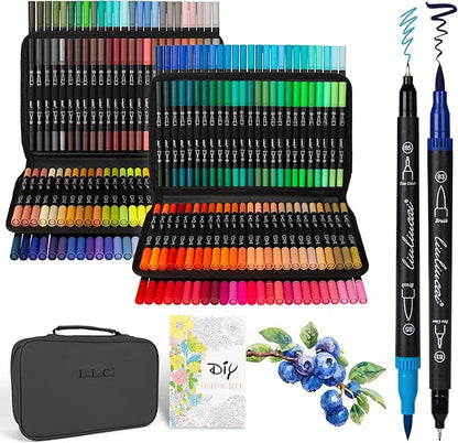 LIULIUCAI 200 Colors Dual Tip Markers Brush Pens, Fine & Brush Tip Art Markers for Adult Coloring Book Drawing Calligraphy, Colored Pens Christmas Gifts Stocking Stuffers for Teen Art Supplies