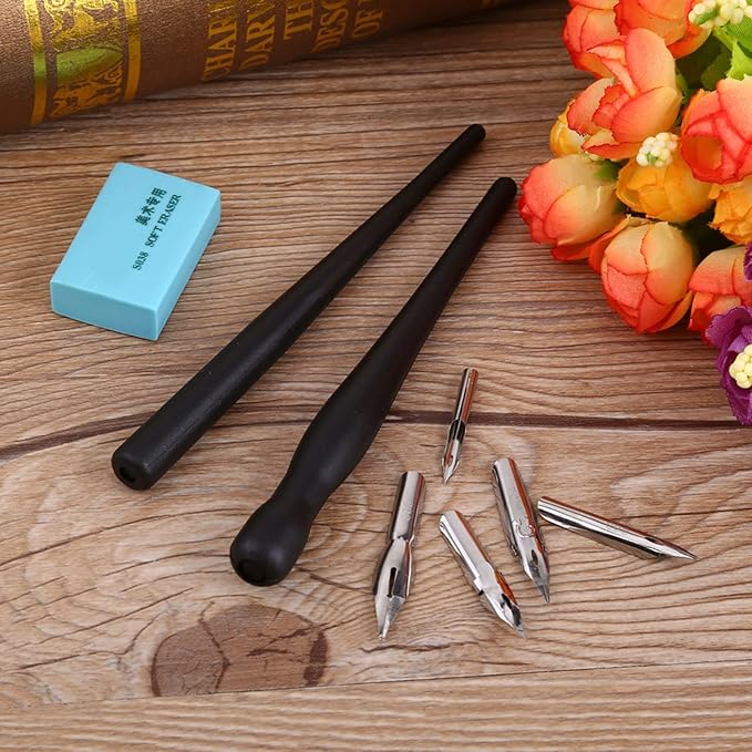 KooingTech Dip Pen Set With 2 Manga Pen Nib Holder and 5 Dip Pen Nibs, Cartoon Comic Dip Pen Set, Drawing Comic Pen Nib With Drawing Eraser