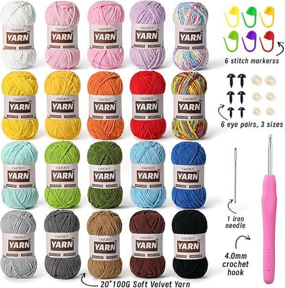 20 Pack 70.5oz/2624yds Bulky Multicolor Yarn Set, Plush Chenille Blanket Yarn for Crocheting, Fluffy Velvet Yarns for Crochet, Fuzzy Baby Yarns for Crocheting Soft, Crochet Amigurumi