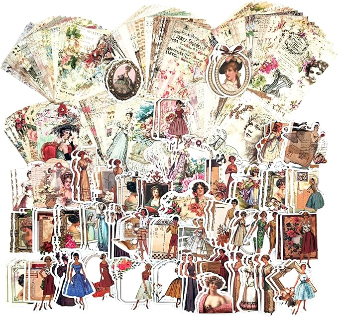 200PCS Vintage Scrapbooking Supplies Pack, Aesthetic Scrapbook Sticker Paper Art Journaling Kit for Junk Journals, Planner, Cottagecore Decor Gifts (Rose)