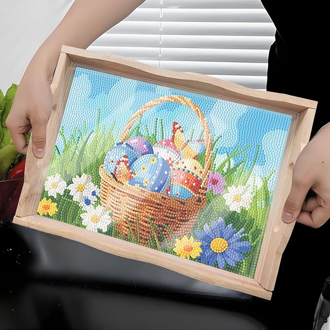 FGbaby DIY 5D Flowers Easter Eggs Diamond Painting Wood Serving Tray with Handles Diamond Art Serving Trays Wooden Tray for Breakfast in Bed, Patio, BBQ, Coffee Table, Party –Great for Lap & Couch