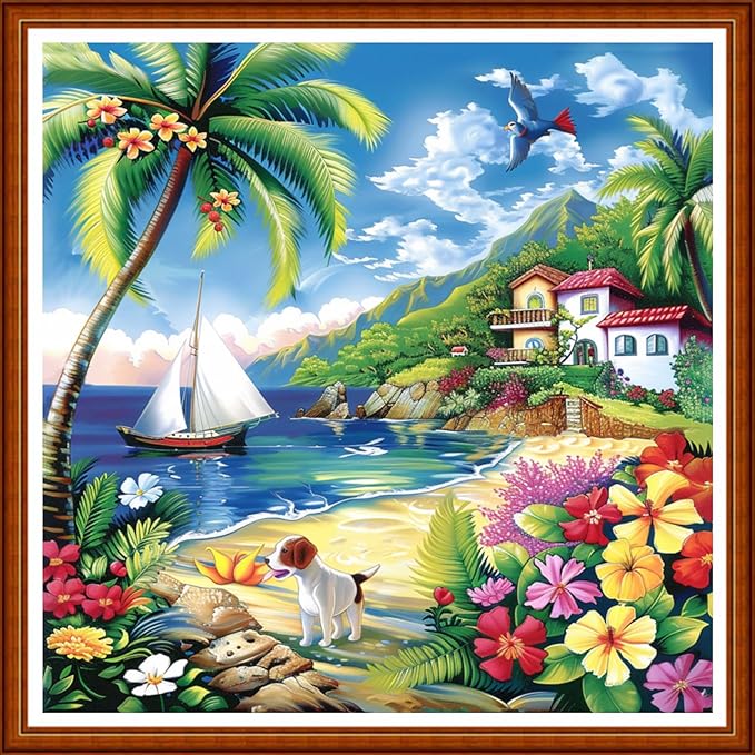 Joyhoor Stamped Cross Stitch Kits for Beginners Needlepoint Kits for Adults Embroidery Kits 11CT Counted Cross Stitch Kits Printed Embroidery Pattern-Seaside Scenery 18x18 inchs