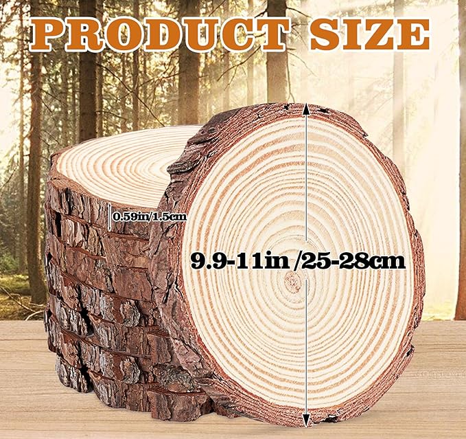 8 Pcs Natural Pine Wood Slices with Bark, 9.8-11"(25-28cm) Rustic Wedding Wood Centerpieces for Tables, Round Wood Slices for Centerpieces Baby Shower, Wedding Party Decoration