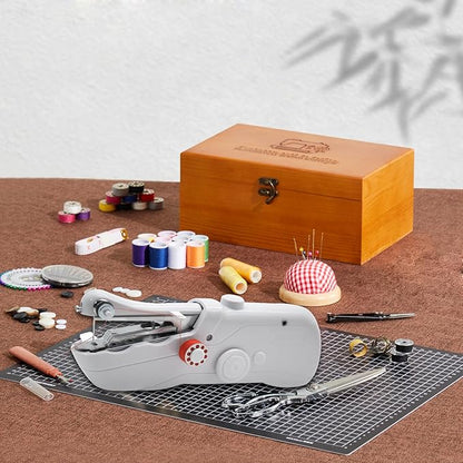 Handheld Sewing Machine with Exquisite Wooden Storage Box & 142-Piece Sewing Kit - Electric Switch, Dual Power Supply, Assorted Needles, Threads, Heavy Duty Scissors - Meets All Household Sewing Needs