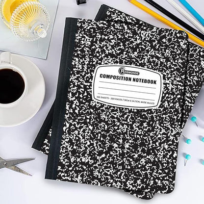 Rosmonde 12 Pack Composition Notebook Wide Ruled Bulk, 200 Pages (100 Sheets), 9-3/4 x 7-1/2", Hard Cover Wide Ruled Notebook Bulk, Black Marble Composition Notebooks, Bulk School Notebooks