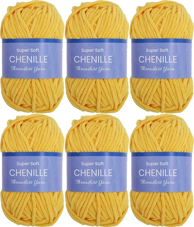 6 Pack ThreadArt Chenille Yarn for Crocheting, Knitting, Amigurumi, Super Soft Plush Velvet Yarn - 50 Gram 60 yds #5 Fluffy Yarn Skeins - Bright Yellow 27