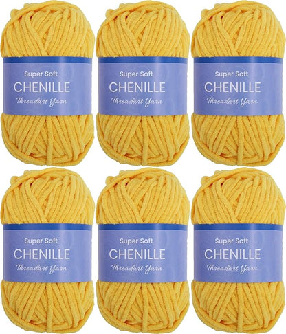 6 Pack ThreadArt Chenille Yarn for Crocheting, Knitting, Amigurumi, Super Soft Plush Velvet Yarn - 50 Gram 60 yds #5 Fluffy Yarn Skeins - Bright Yellow 27