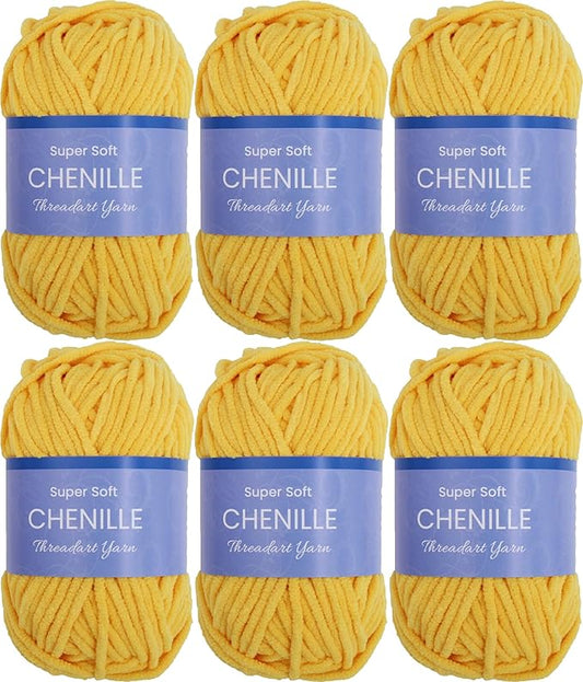 6 Pack ThreadArt Chenille Yarn for Crocheting, Knitting, Amigurumi, Super Soft Plush Velvet Yarn - 50 Gram 60 yds #5 Fluffy Yarn Skeins - Bright Yellow 27