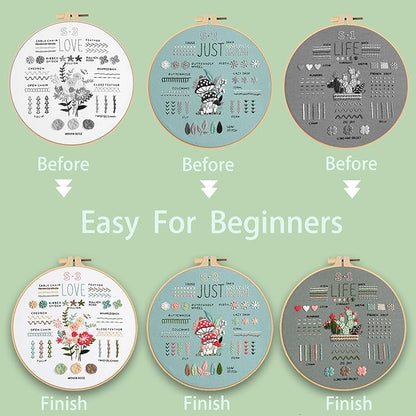 Ohcol 3 Sets Embroidery Kit for Beginners Adults,Easy to Learn 33 Different Stitches DIY Kits,Needlepoint Kits for Adult Hand Crafts Includes Stamped Flower Pattern,Instruction,Hoop,Threads,Tools