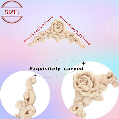 4PCS Corner Wooden Carving Decal Unpainted Wood Appliques Onlays DIY Wood Carved Furniture Appliques Onlays for Wall Bed Door Wardrobe Cabinet Furniture Decoration(09,15x15cm/5.91x5.91inch)