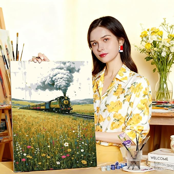 DFPSCLLA Paint by Numbers for Adults, Steam Train in Wildflower Field DIY Paint by Numbers Acrylic Paint Canvas, Painting Kits Art on Canvas for Home Wall Art 16x20 Inch（Without Frame）