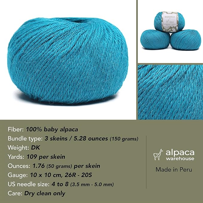 100% Baby Alpaca Yarn Wool Set of 3 Skeins (150 Grams) DK Weight - Made in Peru - Heavenly Soft and Perfect for Knitting and Crocheting (Turquoise, DK)