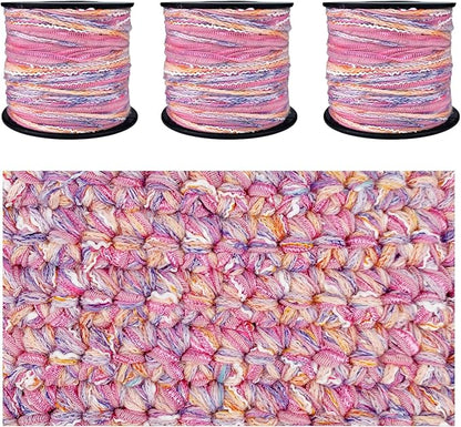 Hand-Blended Multifiber Multicolored Fancy Yarn with Subtle Shimmering Threads for Knitting Crocheting Crafts DIY, Set of 3 Rolls (Orange Pink)