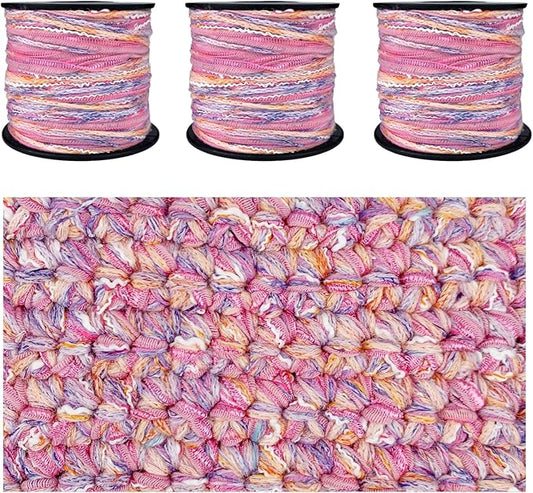 Hand-Blended Multifiber Multicolored Fancy Yarn with Subtle Shimmering Threads for Knitting Crocheting Crafts DIY, Set of 3 Rolls (Orange Pink)